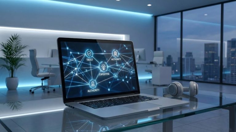 A laptop displays a network diagram with terms like Trust and Authority in a modern office setting.