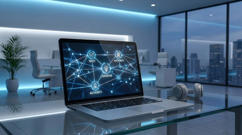 A laptop displays a network diagram with terms like Trust and Authority in a modern office setting.