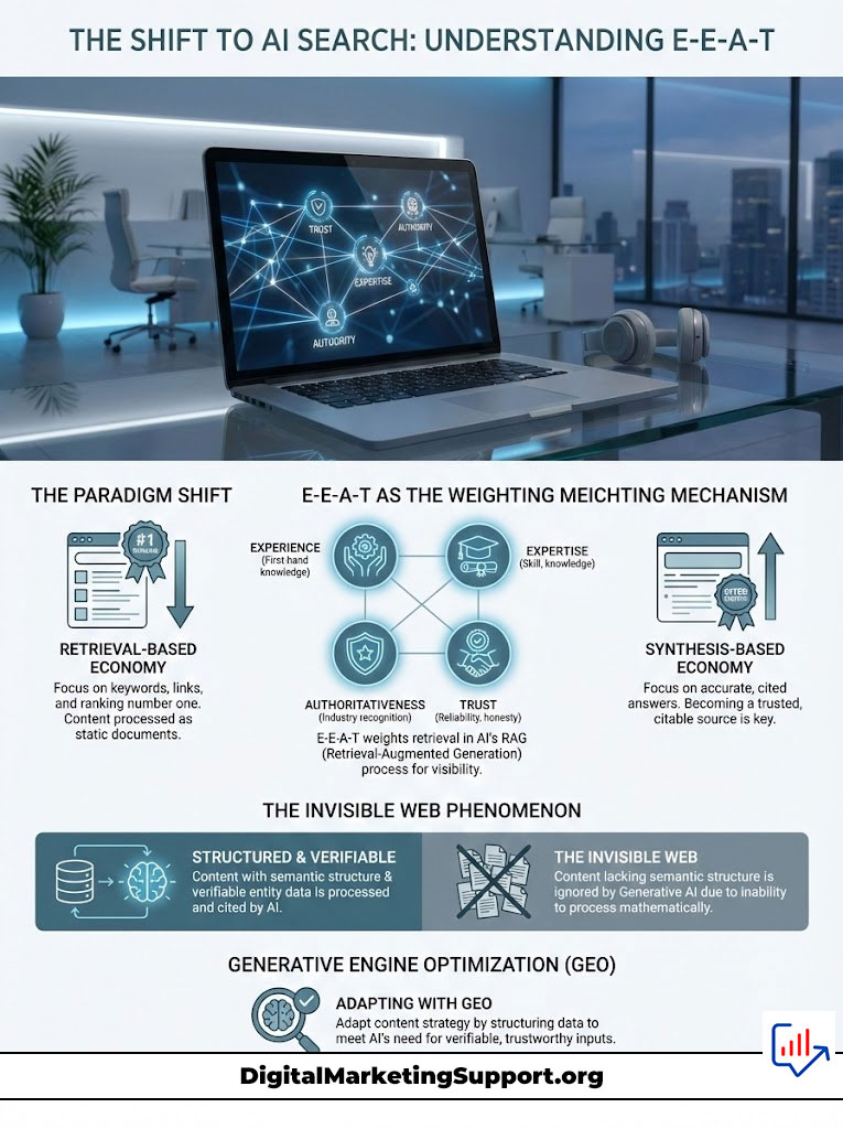 Infographic explaining the shift to AI search, highlighting E-E-A-T principles and their impact on search visibility.