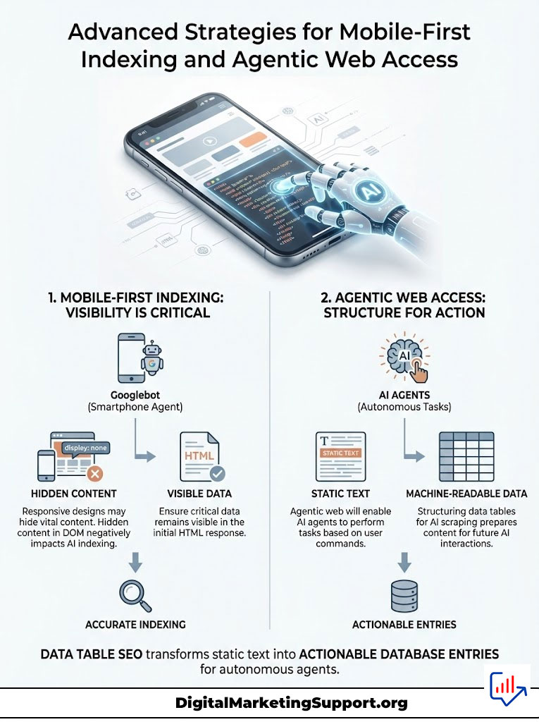 Infographic on mobile-first indexing and agentic web access strategies, featuring smartphone, AI icons, and key points.