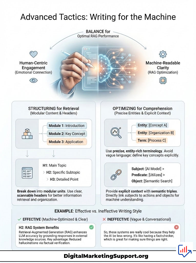 Infographic on advanced writing tactics for optimal RAG performance, featuring human engagement and machine clarity elements.