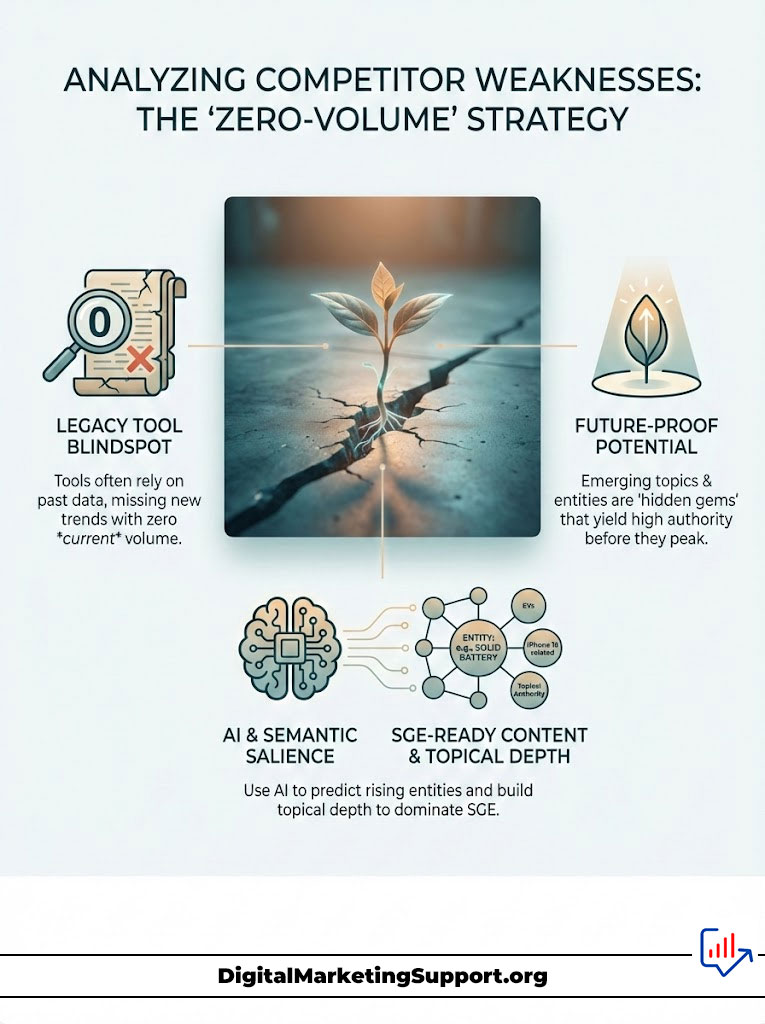 Infographic analyzing competitor weaknesses with sections on legacy tools, future-proof potential, AI, and SGE-ready content.