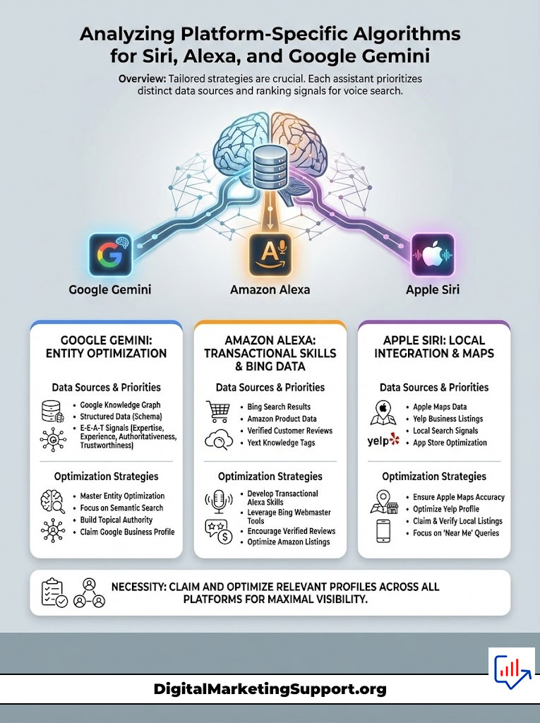 Infographic comparing algorithms for Siri, Alexa, and Google Gemini with data sources and optimization strategies.