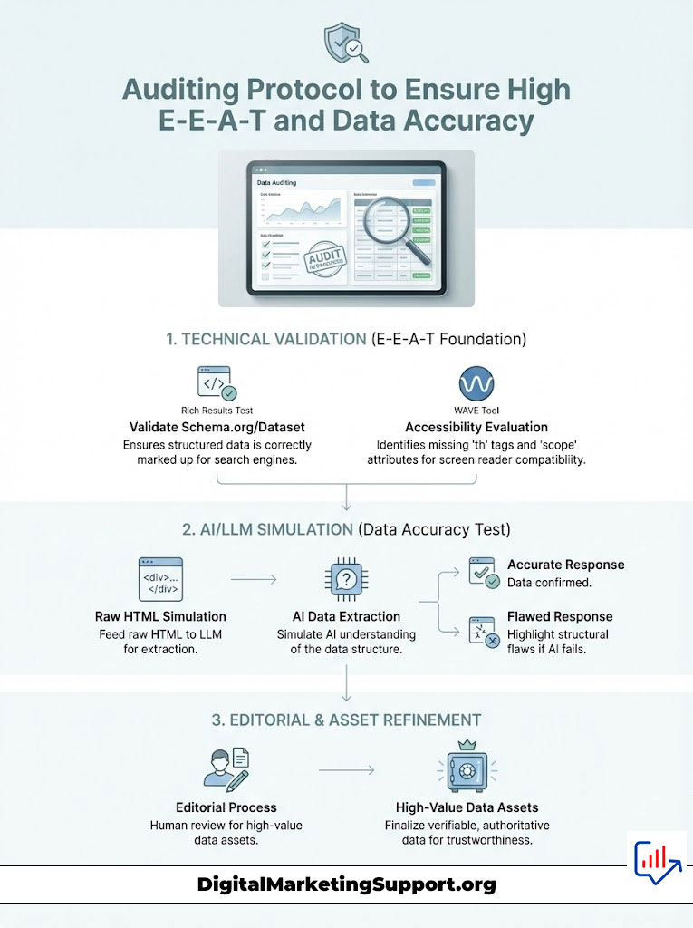 Infographic detailing auditing protocol for E-E-A-T and data accuracy with charts, icons, and steps outlined.