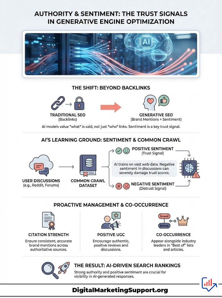 Infographic showing authority and sentiment in generative SEO, with charts and icons illustrating key concepts and data points.