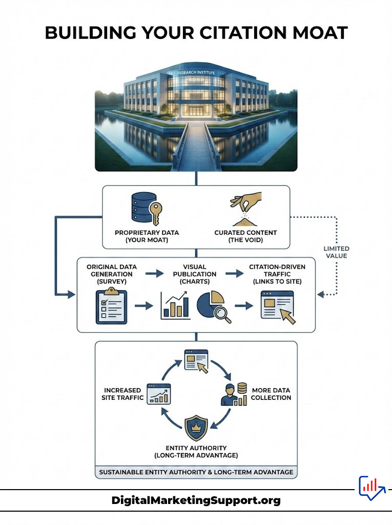 Infographic illustrating steps to build a citation moat, featuring a research institute and flowchart elements.