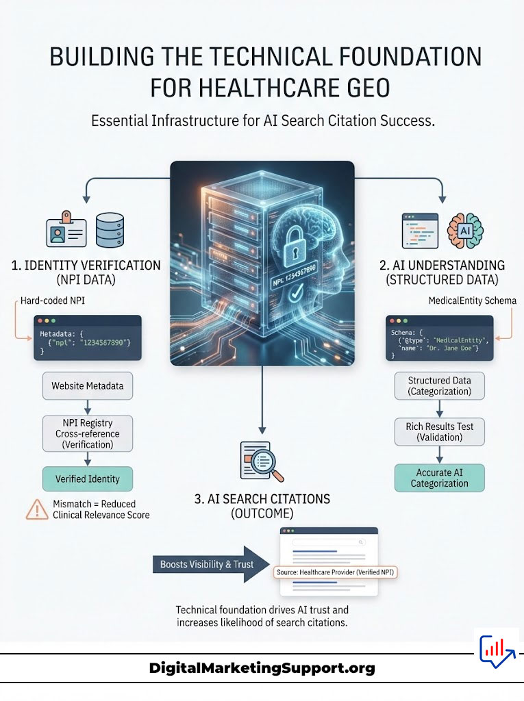 Infographic illustrating the technical foundation for healthcare geo, featuring identity verification, AI understanding, and search citations.
