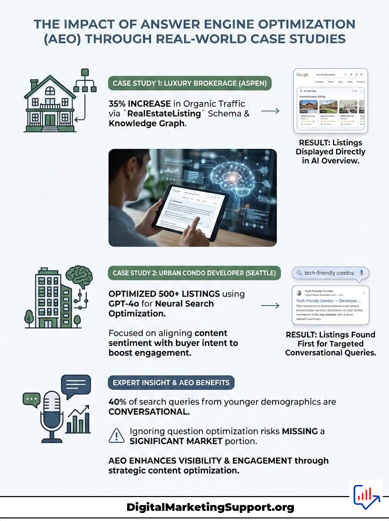 Infographic showing AEO impact with case studies on luxury brokerage and urban condo developer, featuring statistics and results.