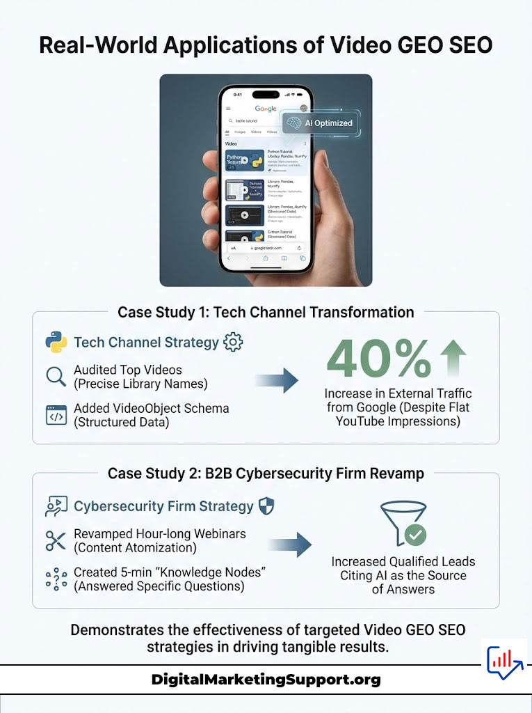 Infographic showing real-world applications of Video GEO SEO with case studies and statistics on traffic increase and lead generation.