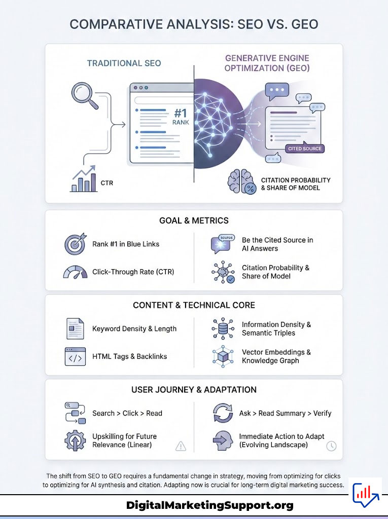 Comparative analysis infographic showing Traditional SEO vs. Generative Engine Optimization with charts and icons.