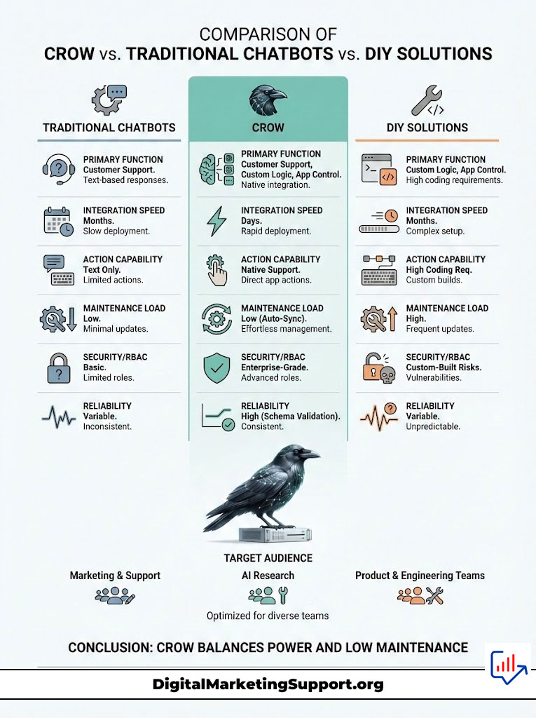 Comparison of Crow, Traditional Chatbots, and DIY Solutions with icons and data points on functionality and reliability.