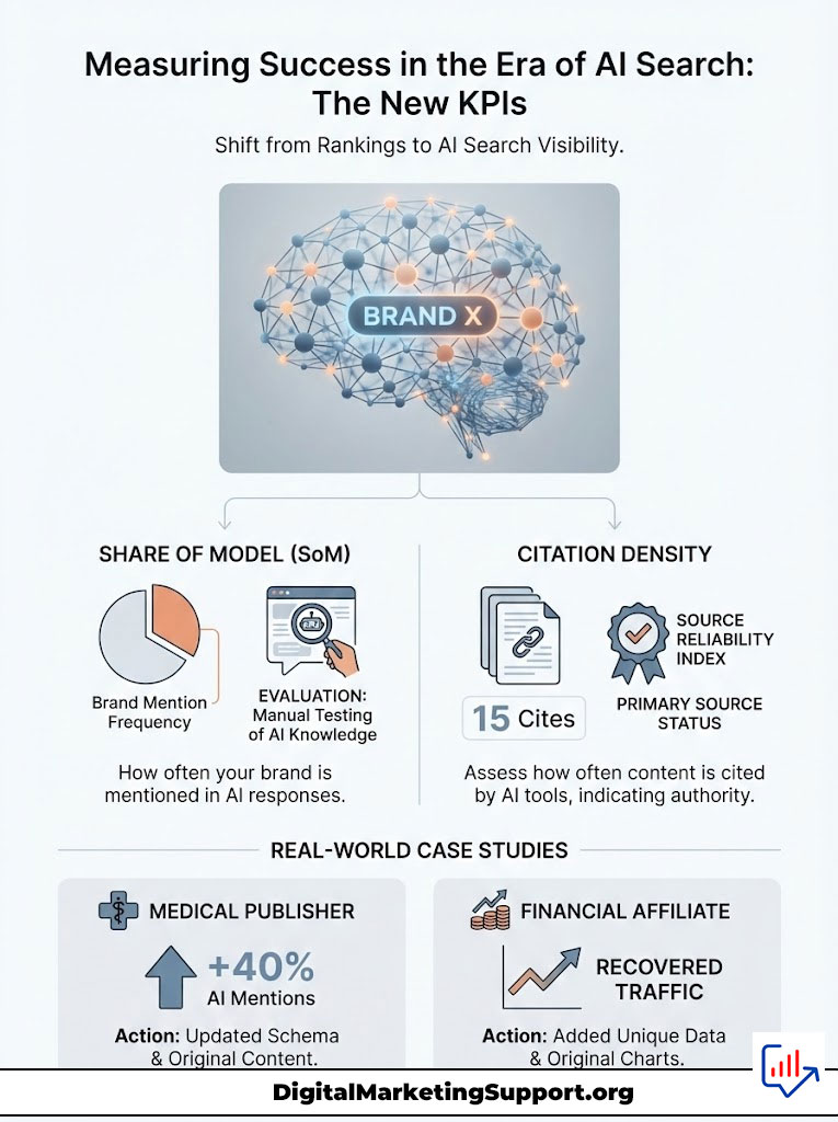 Infographic on measuring success in AI search, featuring KPIs like Share of Model and Citation Density with case studies.