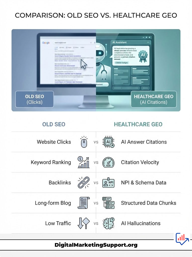 Comparison of Old SEO and Healthcare Geo with icons for clicks, rankings, backlinks, and AI citations.