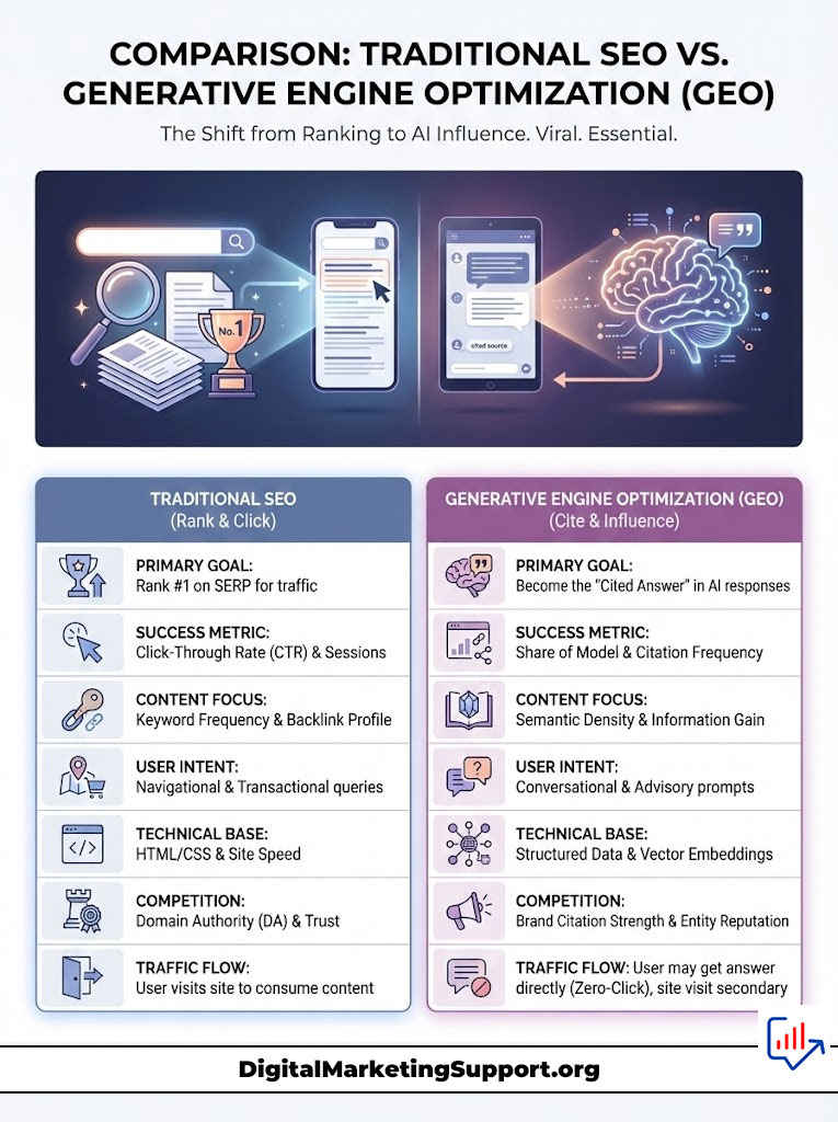 Comparison infographic illustrating Traditional SEO and Generative Engine Optimization (GEO) with key metrics and goals.