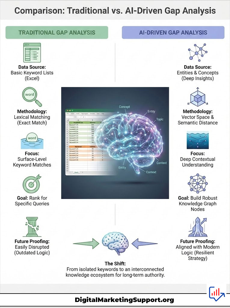 Comparison of Traditional and AI-Driven Gap Analysis with data sources, methodologies, goals, and future proofing details.