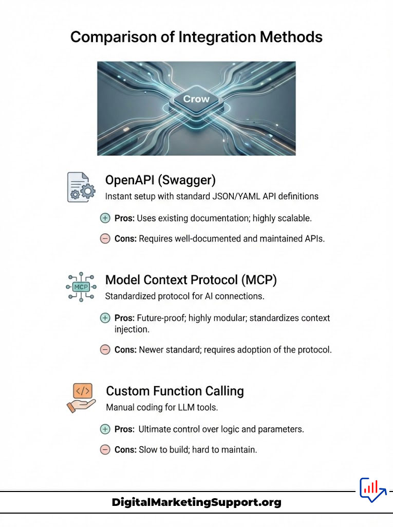 Comparison of integration methods with OpenAPI, Model Context Protocol, and Custom Function Calling pros and cons.