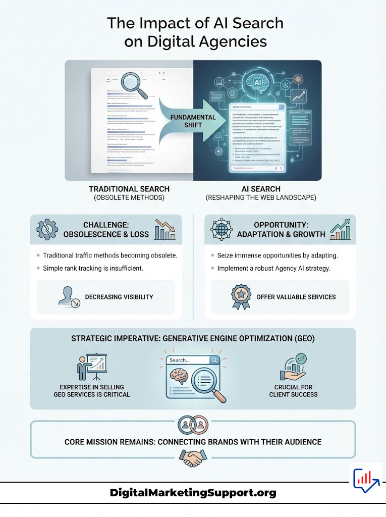 Infographic showing the impact of AI search on digital agencies, highlighting traditional vs AI search methods and strategies.