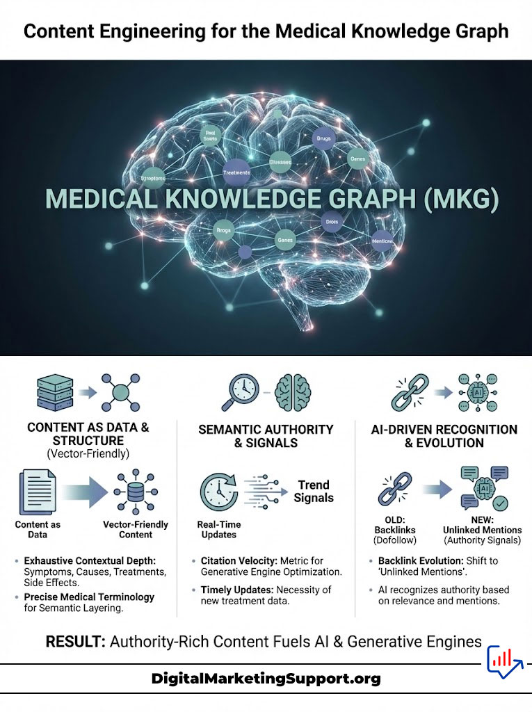 Infographic illustrating the Medical Knowledge Graph with data points on symptoms, treatments, and AI-driven recognition.