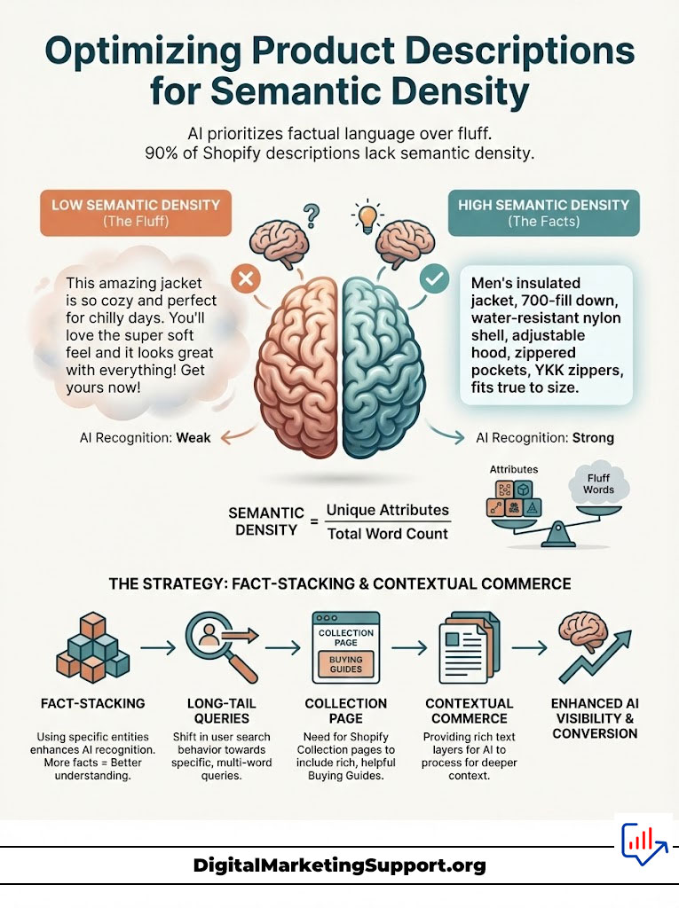 Infographic explaining semantic density in product descriptions with examples and strategies for optimization.