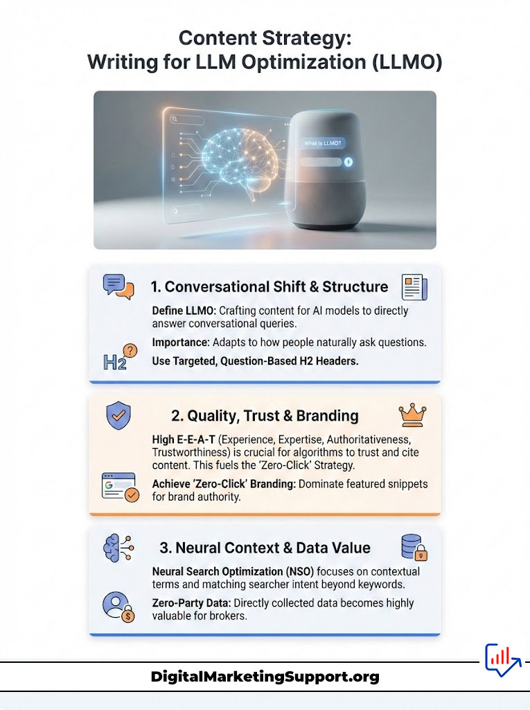 Infographic on content strategy for LLM optimization featuring three key sections and an AI speaker illustration.