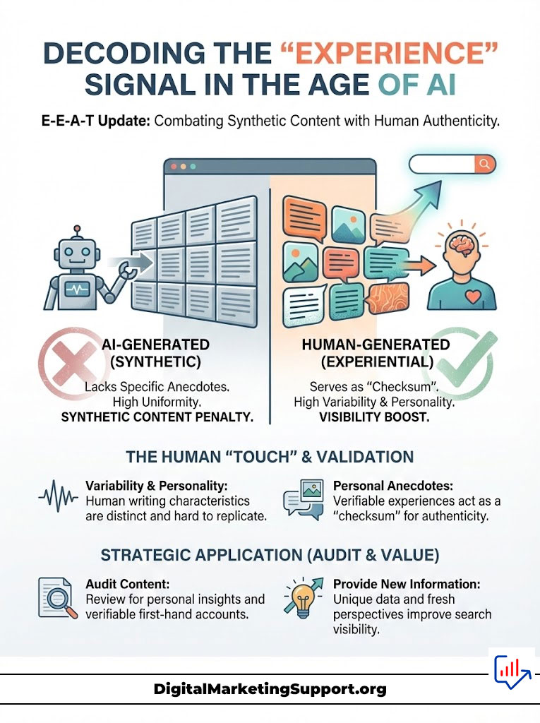 Infographic comparing AI-generated and human-generated content, highlighting authenticity and visibility factors.
