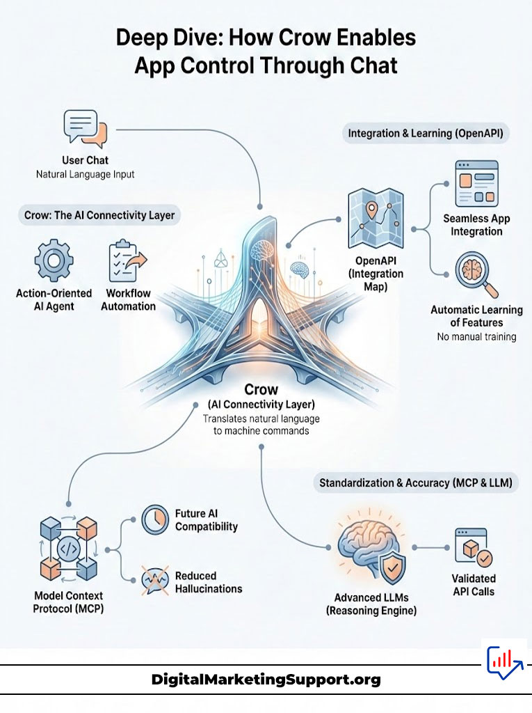 Infographic explaining how Crow enables app control through chat, featuring user chat, AI connectivity, and integration details.
