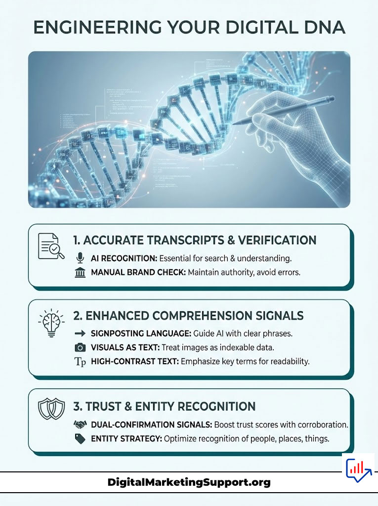 A hand drawing a DNA strand with text sections on accurate transcripts, comprehension signals, and trust recognition. Infographic.