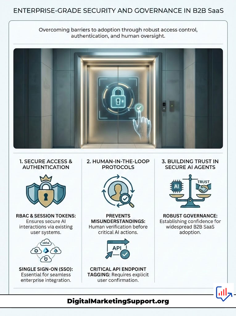 Infographic illustrating enterprise-grade security in B2B SaaS, featuring access control, authentication, and governance elements.