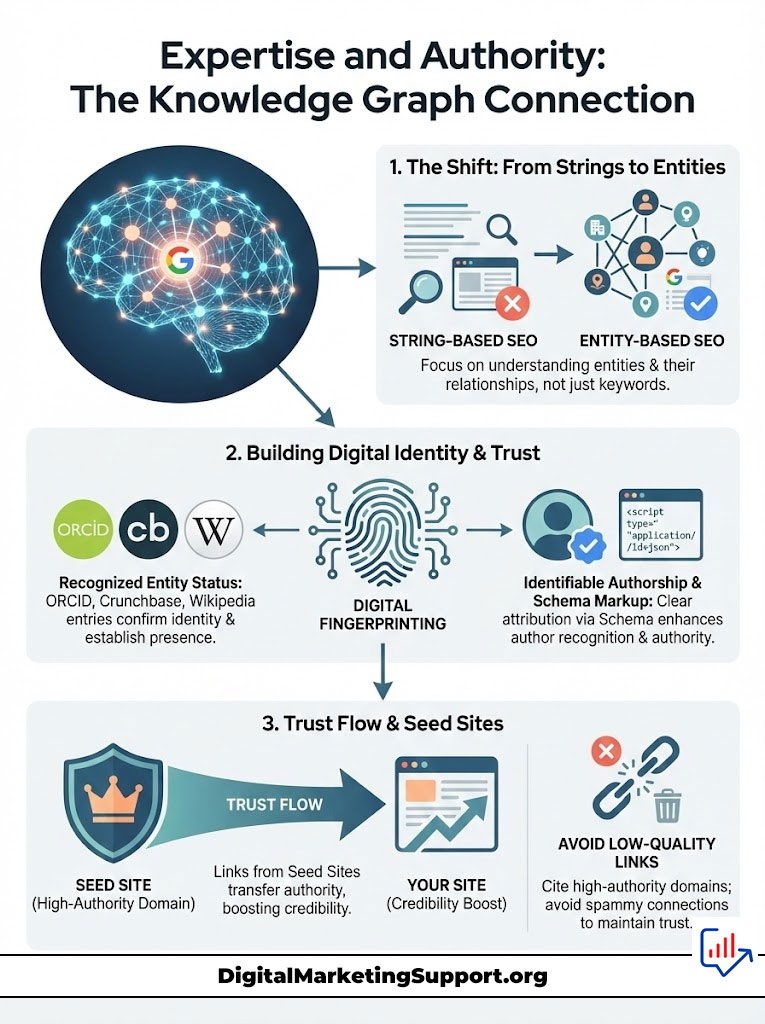 Infographic showing the connection between expertise and authority in SEO with charts and icons illustrating key concepts.