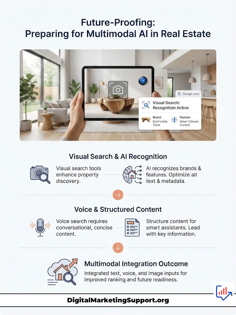 Infographic on future-proofing real estate with multimodal AI, featuring visual search, voice content, and integration outcomes.