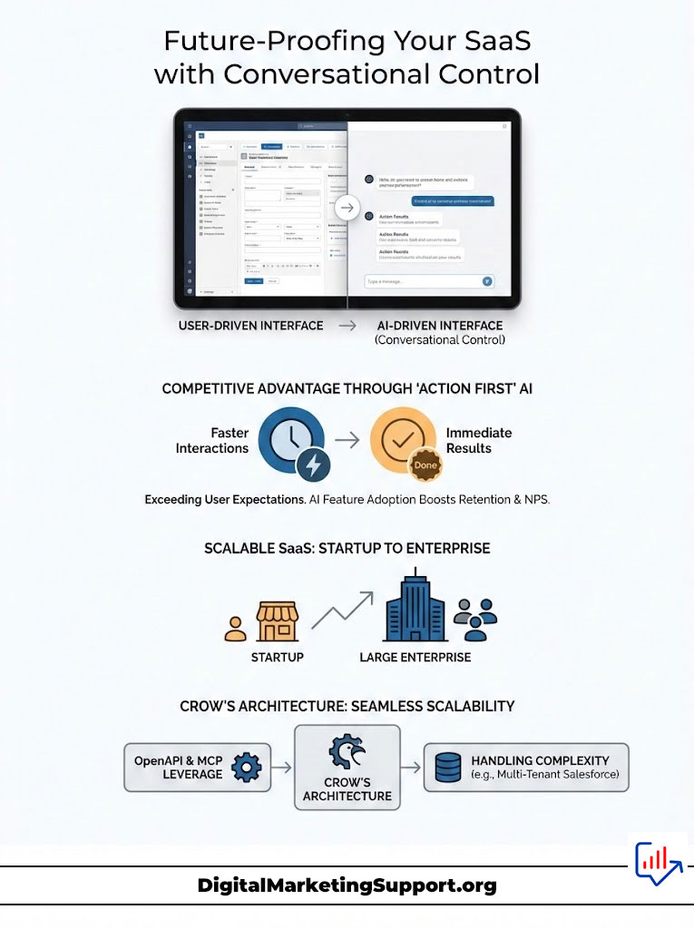 Infographic showing user-driven vs AI-driven interface for SaaS, highlighting competitive advantages and scalability.