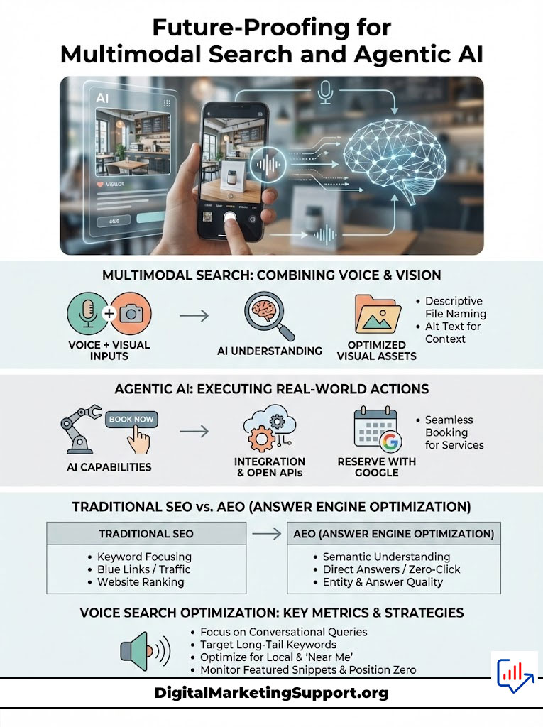Infographic illustrating future-proofing for multimodal search and agentic AI with charts and icons.
