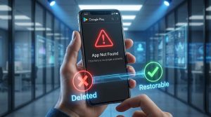 A person holds a smartphone displaying a "App Not Found" message with red and green icons in a modern office setting.