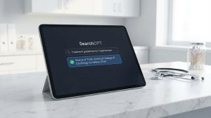 A tablet displays SearchGPT with treatment guidelines for hypertension in a bright kitchen setting.