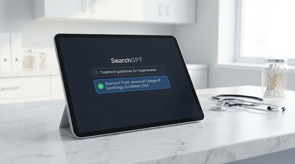 A tablet displays SearchGPT with treatment guidelines for hypertension in a bright kitchen setting.