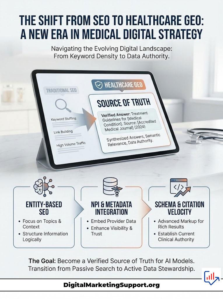 Infographic illustrating the shift from SEO to Healthcare Geo, featuring key strategies and data points on digital strategy.