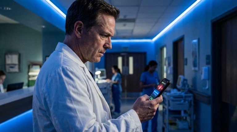 A doctor in a white coat checks a smartphone in a dimly lit hospital corridor.