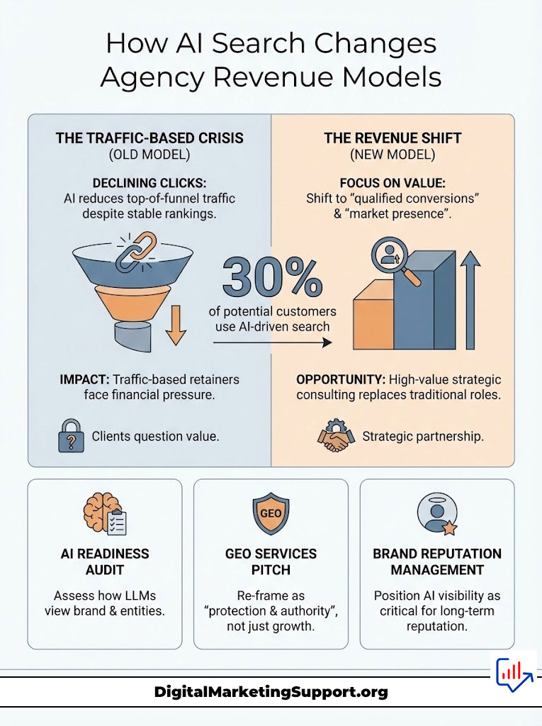Infographic showing how AI search impacts agency revenue models with statistics and strategies for adaptation.