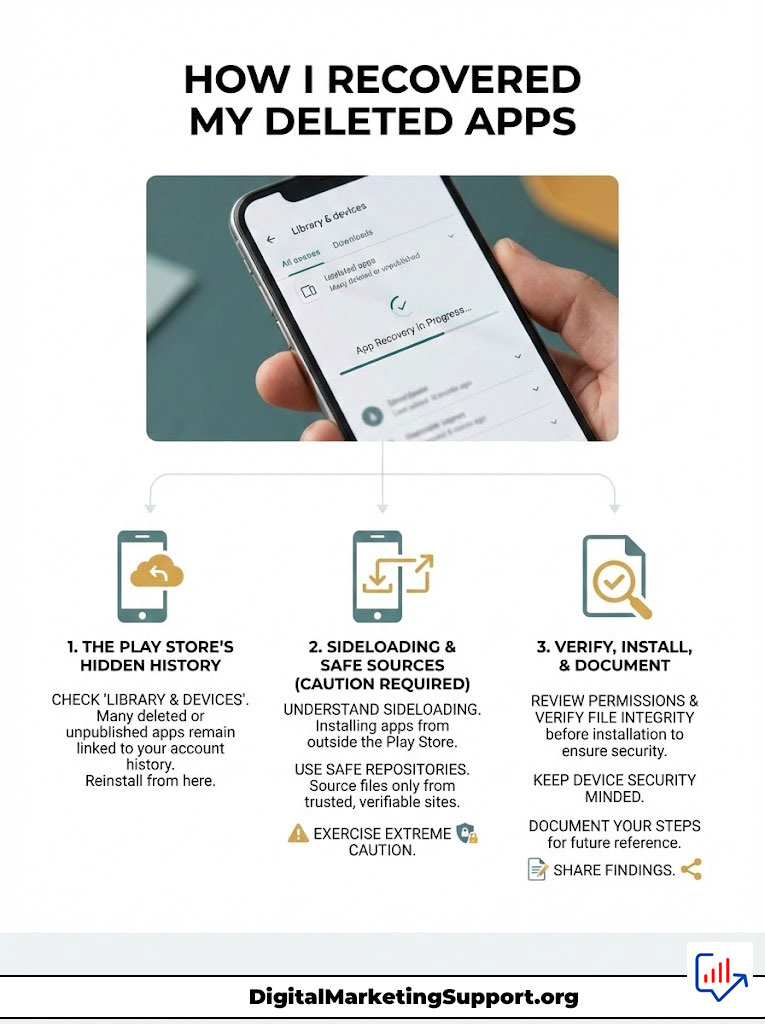 A smartphone screen shows app recovery in progress with instructions on recovering deleted apps and safety tips. Infographic.