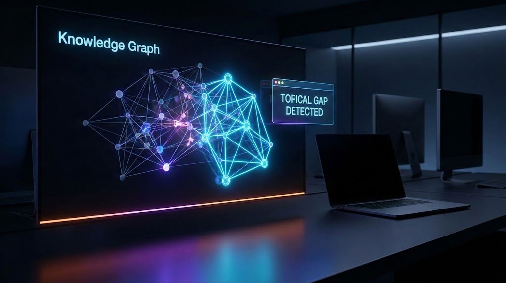 A digital screen displays a colorful knowledge graph with nodes and connections in a dark room.
