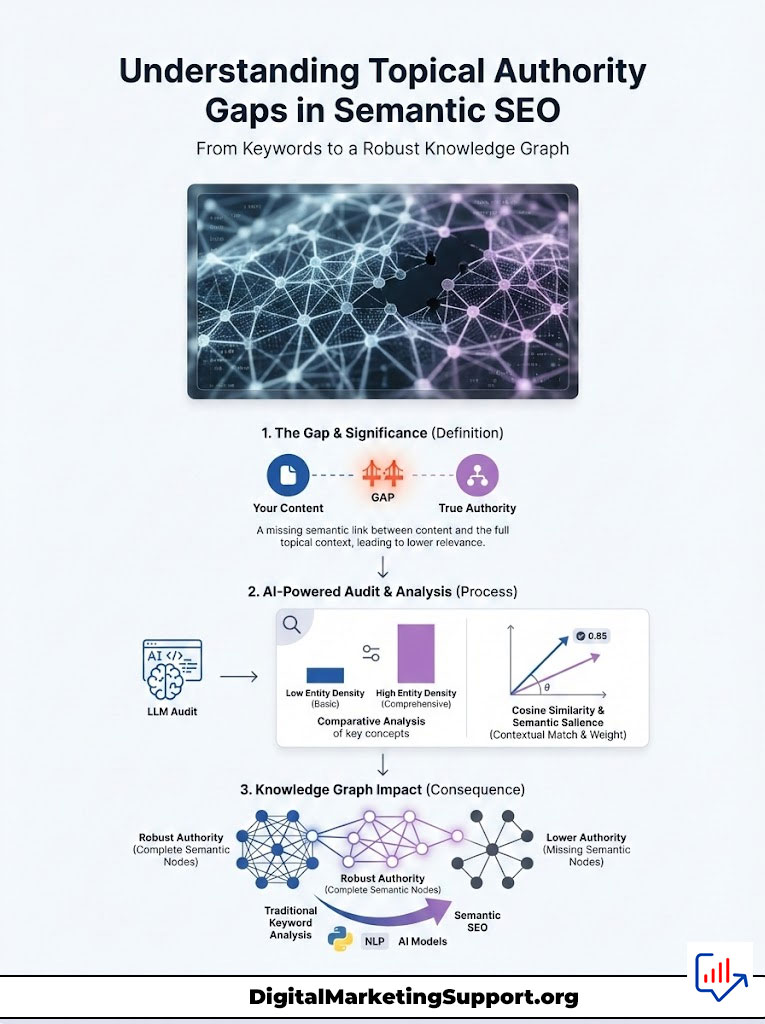 Infographic explaining topical authority gaps in semantic SEO, featuring charts and key concepts related to AI audits and knowledge graphs.