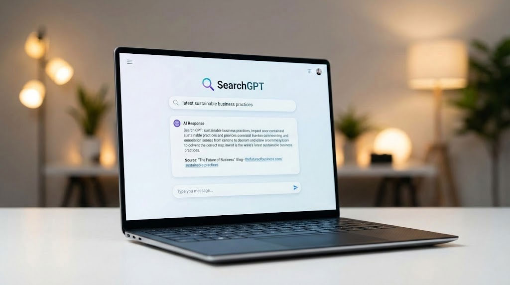 A laptop displays the SearchGPT interface with text about sustainable business practices.