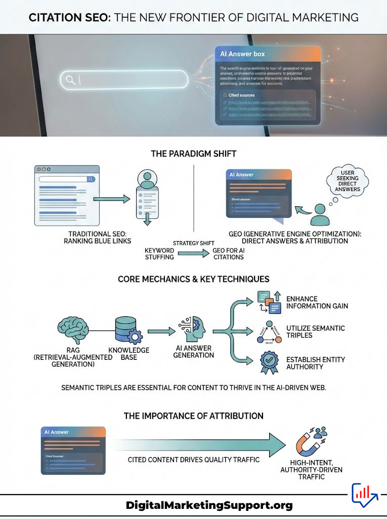 Infographic explaining Citation SEO with AI Answer box, paradigm shift, core mechanics, and importance of attribution.