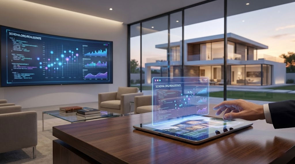 A person interacts with a holographic display on a tablet in a modern office, showcasing real estate data and graphs.