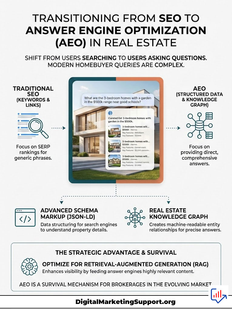 Infographic on transitioning from SEO to Answer Engine Optimization in real estate, featuring charts and key concepts.