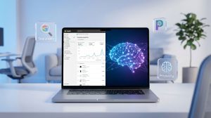 A laptop displays analytics data alongside icons for SearchGPT, ChatGPT, and Perplexity in a modern office setting.