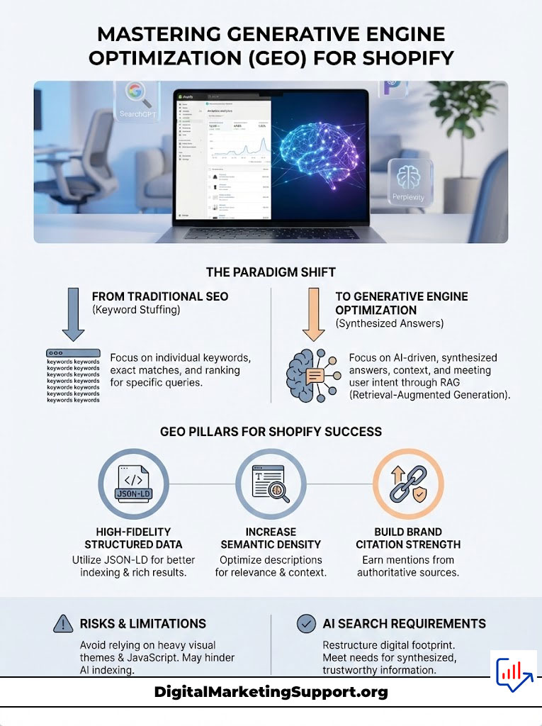 Infographic on mastering generative engine optimization for Shopify, featuring key strategies and visual elements.
