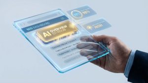 A hand holds a transparent SEO dashboard displaying AI overview, trust score, and citation details.