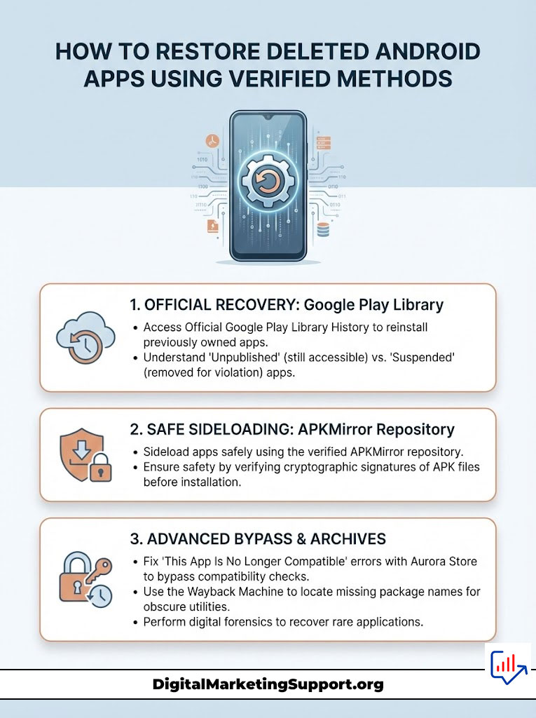 Infographic showing steps to restore deleted Android apps, including recovery methods and icons for each step.
