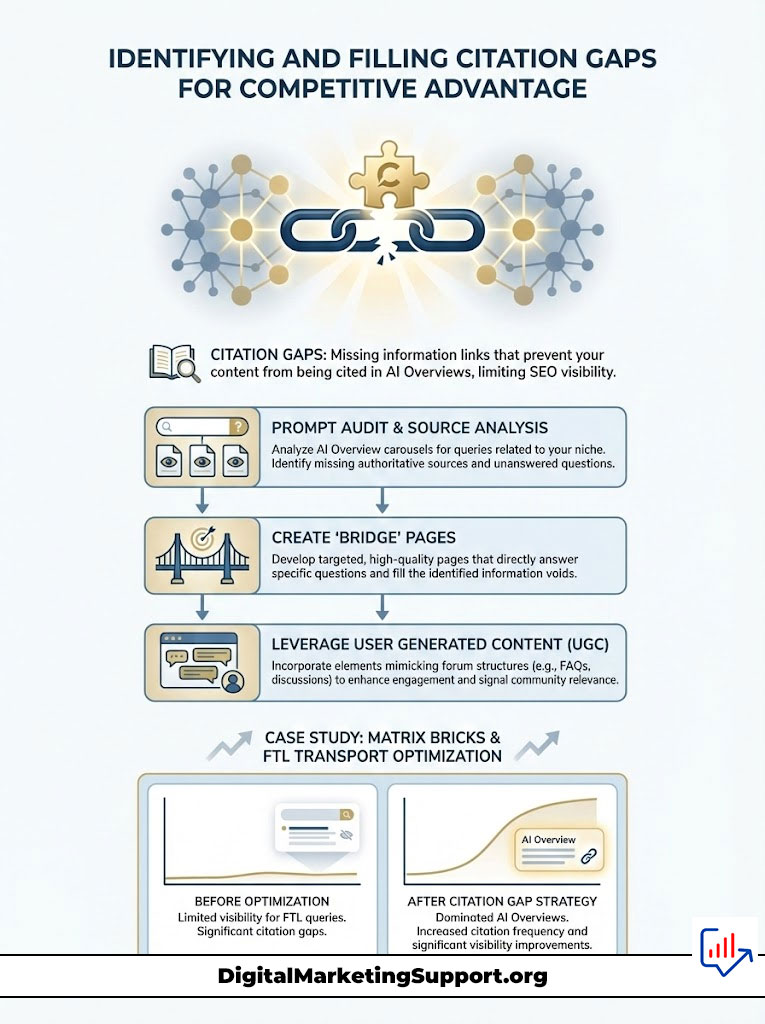 Infographic on identifying citation gaps, featuring steps like audit analysis, bridge pages, and user-generated content.